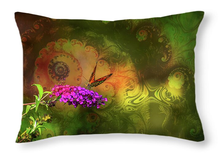 Butterfly on Magenta Flowers with Abstract Design - Throw Pillow