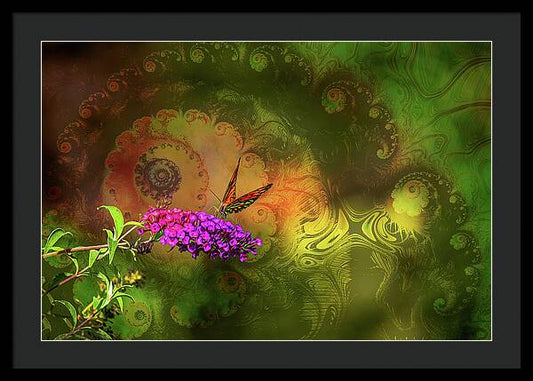 Butterfly on Magenta Flowers with Abstract Design - Framed Print