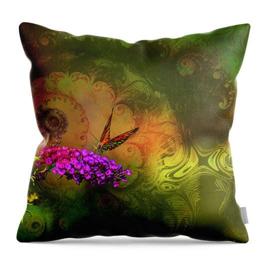 Butterfly on Magenta Flowers with Abstract Design - Throw Pillow