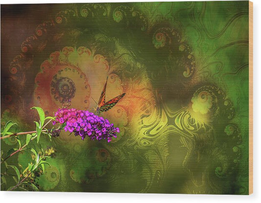 Butterfly on Magenta Flowers with Abstract Design - Wood Print