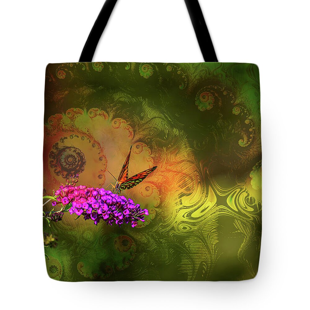 Butterfly on Magenta Flowers with Abstract Design - Tote Bag