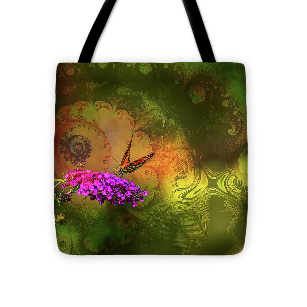 Butterfly on Magenta Flowers with Abstract Design - Tote Bag
