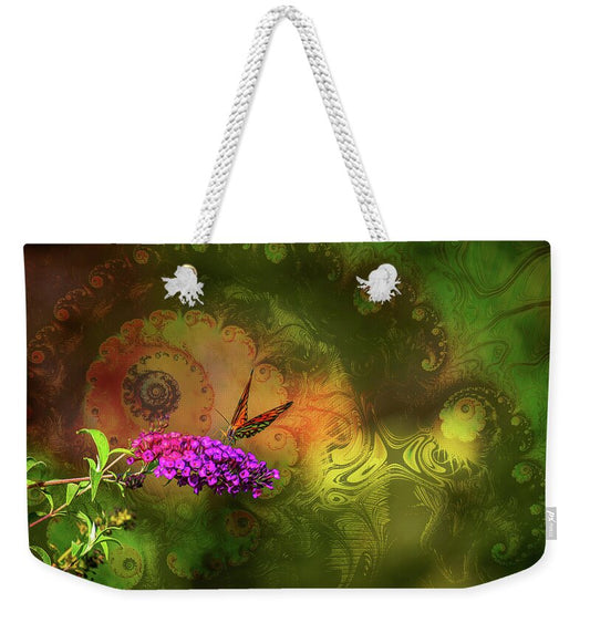 Butterfly on Magenta Flowers with Abstract Design - Weekender Tote Bag