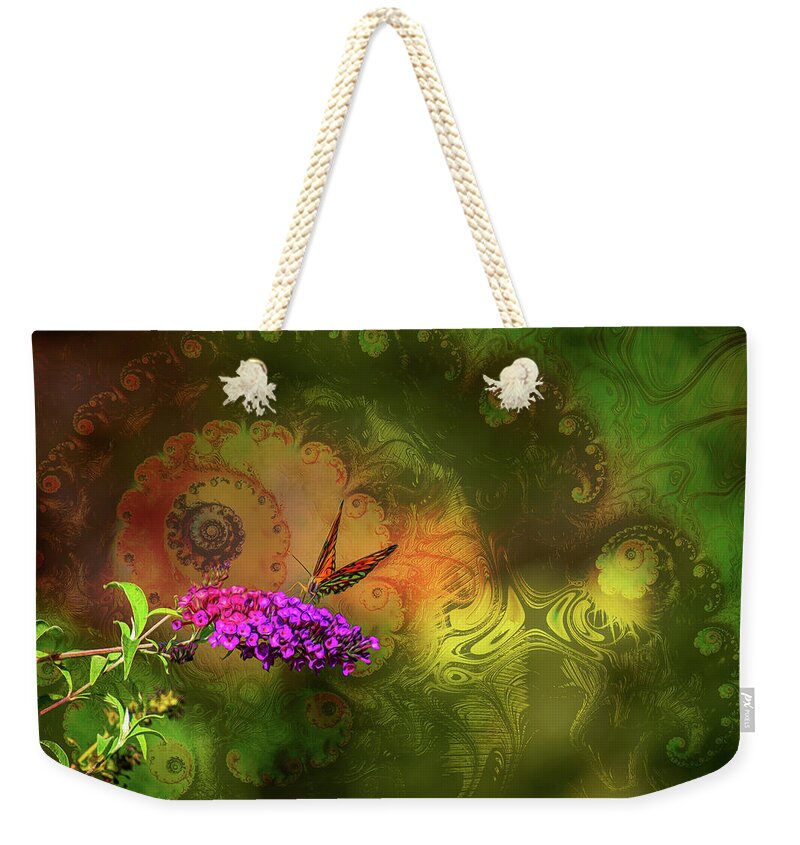 Butterfly on Magenta Flowers with Abstract Design - Weekender Tote Bag