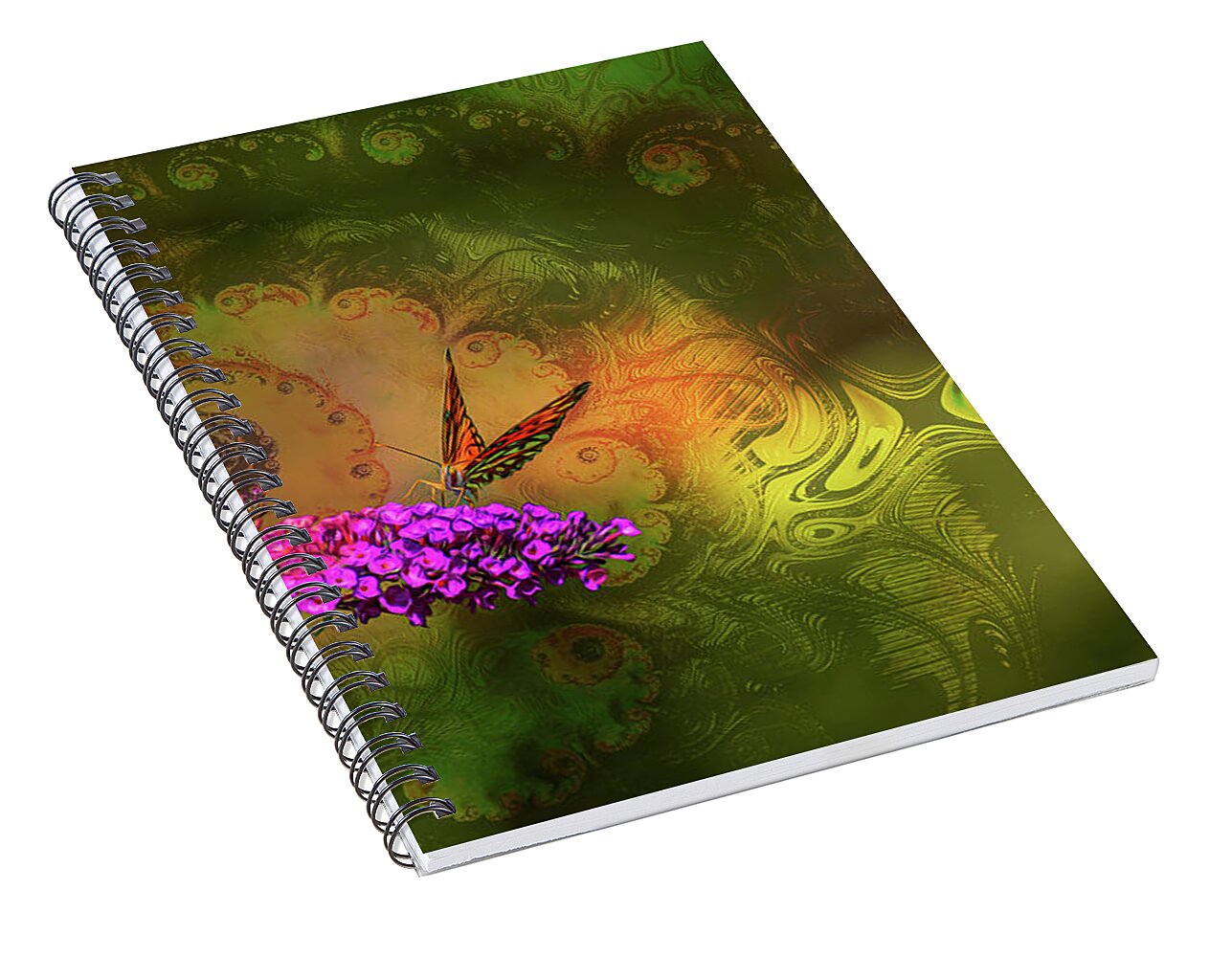Butterfly on Magenta Flowers with Abstract Design - Spiral Notebook