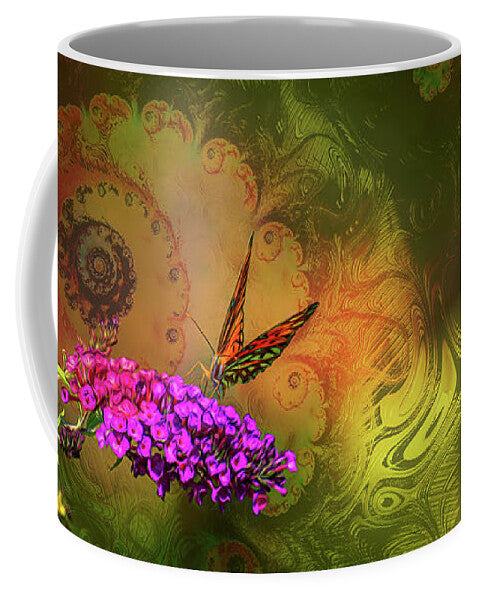 Butterfly on Magenta Flowers with Abstract Design - Mug