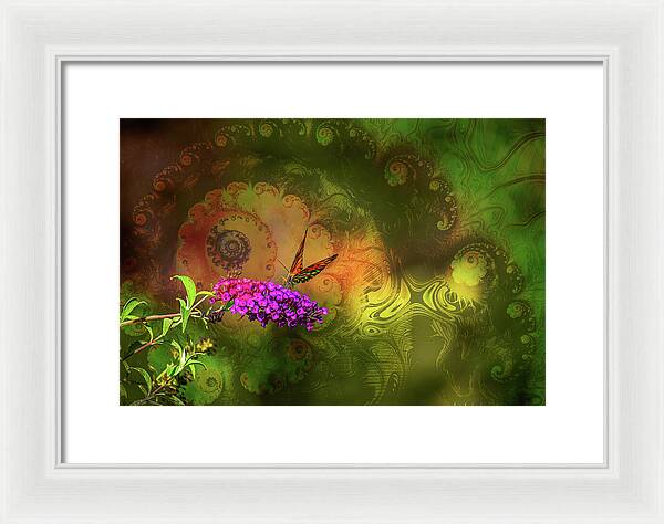 Butterfly on Magenta Flowers with Abstract Design - Framed Print