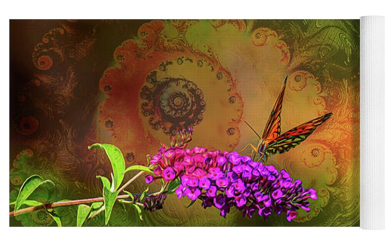 Butterfly on Magenta Flowers with Abstract Design - Yoga Mat