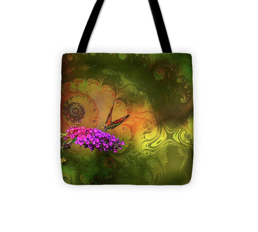 Butterfly on Magenta Flowers with Abstract Design - Tote Bag