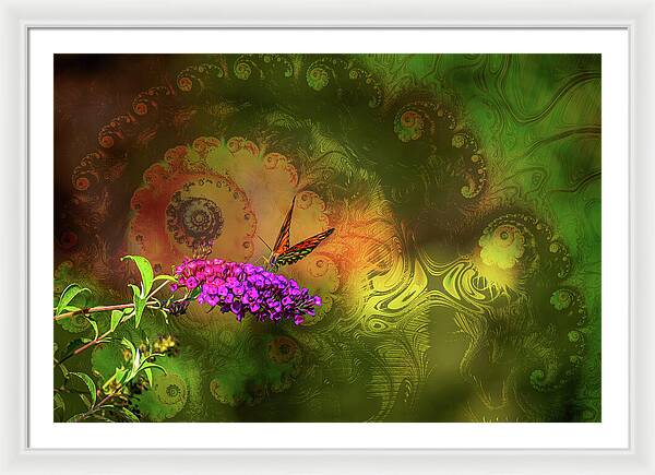Butterfly on Magenta Flowers with Abstract Design - Framed Print