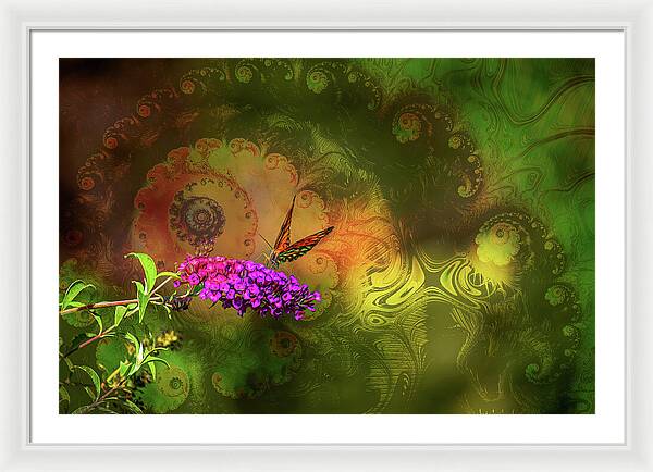 Butterfly on Magenta Flowers with Abstract Design - Framed Print