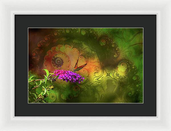 Butterfly on Magenta Flowers with Abstract Design - Framed Print