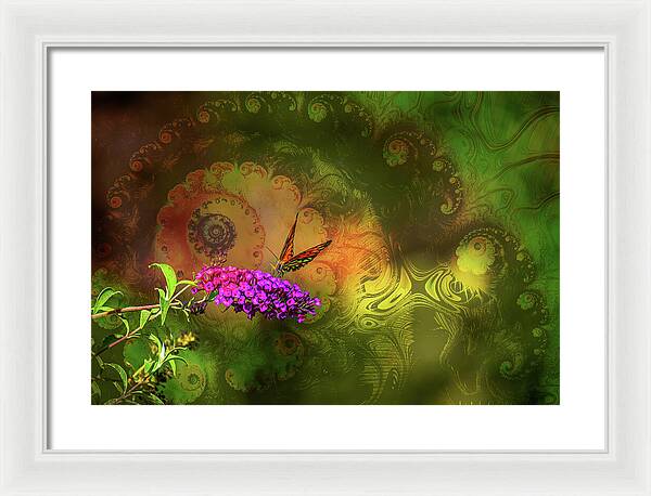 Butterfly on Magenta Flowers with Abstract Design - Framed Print