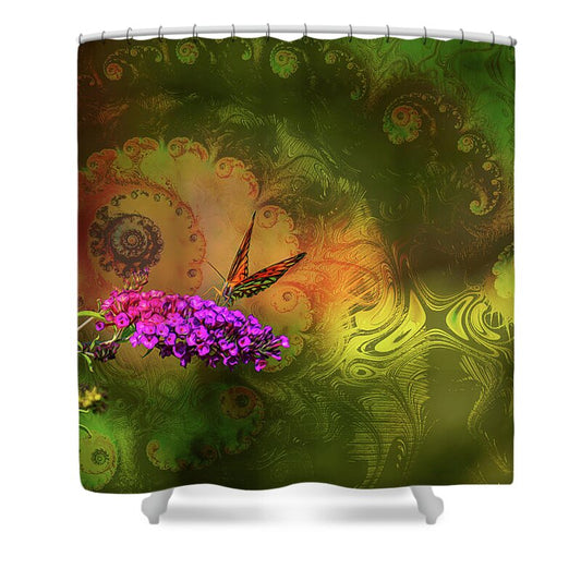 Butterfly on Magenta Flowers with Abstract Design - Shower Curtain