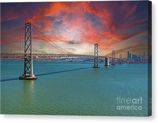 Oakland Bay Bridge Creative Clouds Over The Pacific Ocean in San Francisco - Canvas Print