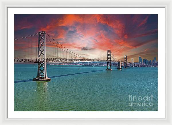 Oakland Bay Bridge Creative Clouds Over The Pacific Ocean in San Francisco - Framed Print