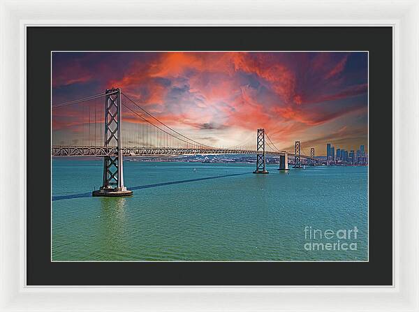 Oakland Bay Bridge Creative Clouds Over The Pacific Ocean in San Francisco - Framed Print