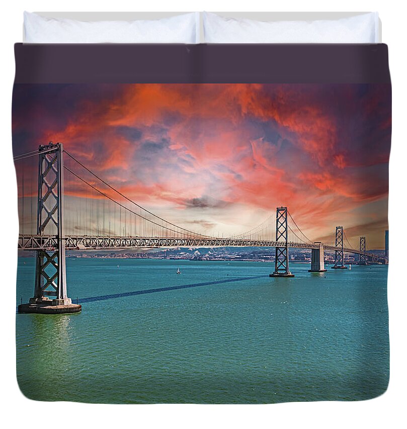Oakland Bay Bridge Creative Clouds Over The Pacific Ocean in San Francisco - Duvet Cover