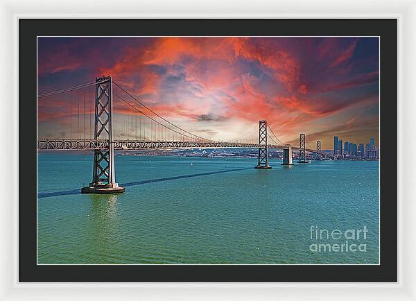 Oakland Bay Bridge Creative Clouds Over The Pacific Ocean in San Francisco - Framed Print