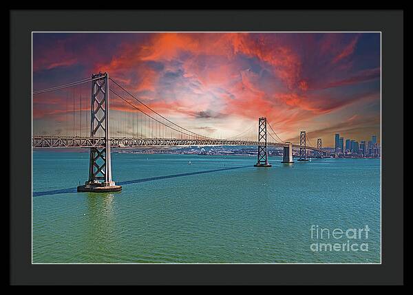 Oakland Bay Bridge Creative Clouds Over The Pacific Ocean in San Francisco - Framed Print