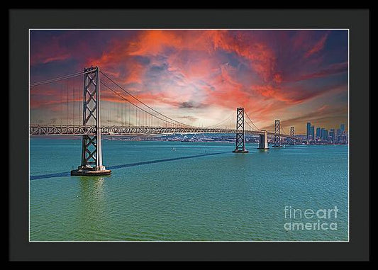 Oakland Bay Bridge Creative Clouds Over The Pacific Ocean in San Francisco - Framed Print