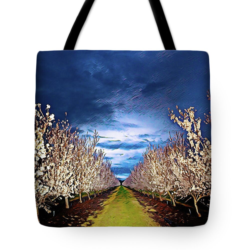 Dark and Cloudy Night Almond Blooms - Tote Bag