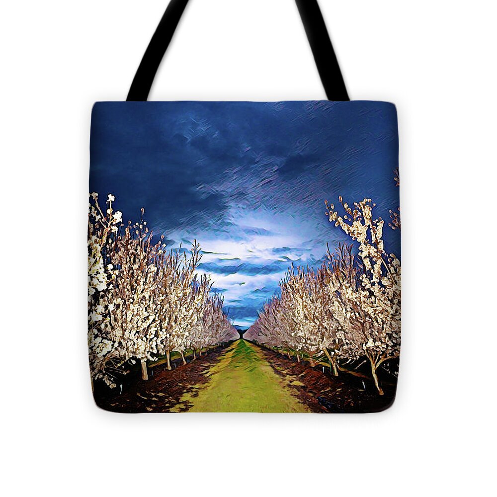 Dark and Cloudy Night Almond Blooms - Tote Bag
