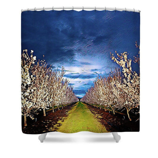 Dark and Cloudy Night Almond Blooms - Shower Curtain