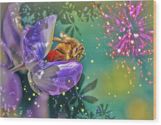 Fireworks and Bee on Flower - Wood Print