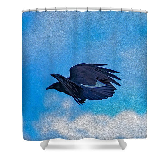 Flying Crow and Blue Sky Background - Shower Curtain