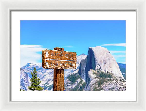 Glacier Point Sign and Half Dome in the Distance - Framed Print