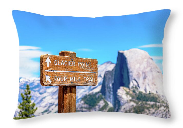 Glacier Point Sign and Half Dome in the Distance - Throw Pillow