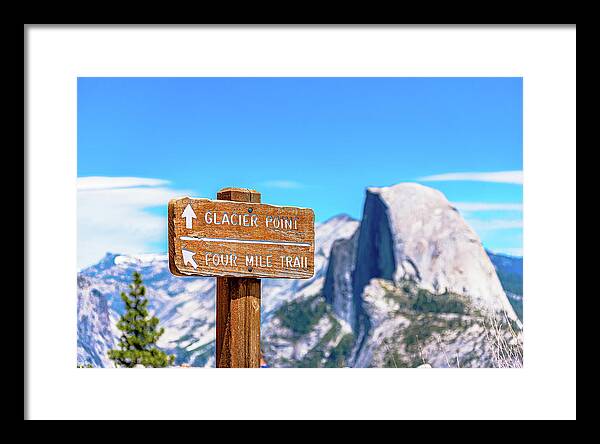 Glacier Point Sign and Half Dome in the Distance - Framed Print