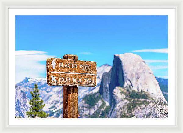 Glacier Point Sign and Half Dome in the Distance - Framed Print