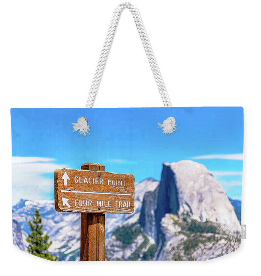 Glacier Point Sign and Half Dome in the Distance - Weekender Tote Bag
