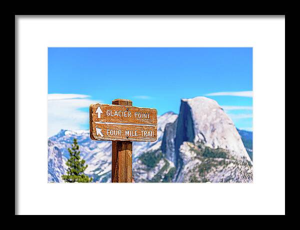Glacier Point Sign and Half Dome in the Distance - Framed Print