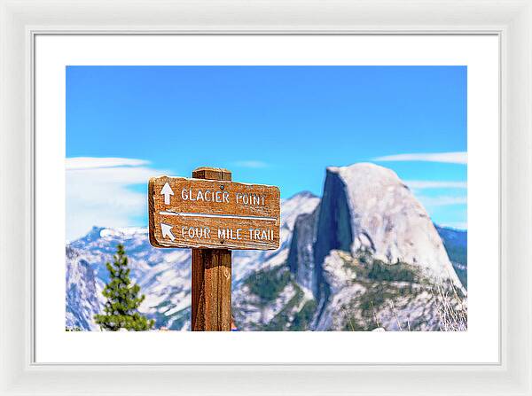 Glacier Point Sign and Half Dome in the Distance - Framed Print