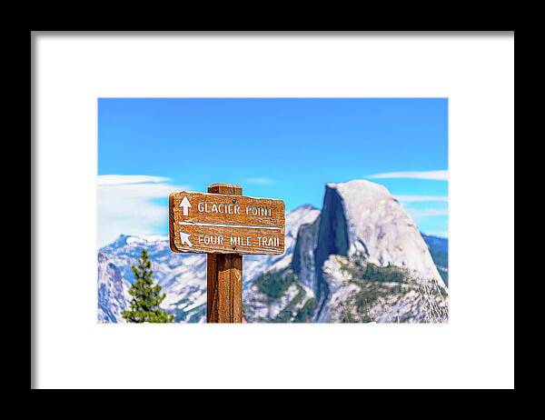 Glacier Point Sign and Half Dome in the Distance - Framed Print
