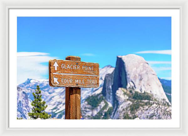 Glacier Point Sign and Half Dome in the Distance - Framed Print