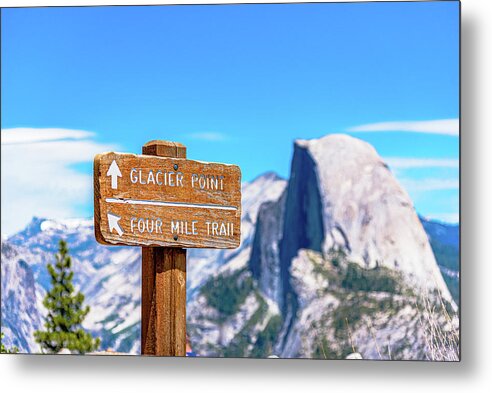 Glacier Point Sign and Half Dome in the Distance - Metal Print