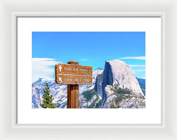 Glacier Point Sign and Half Dome in the Distance - Framed Print