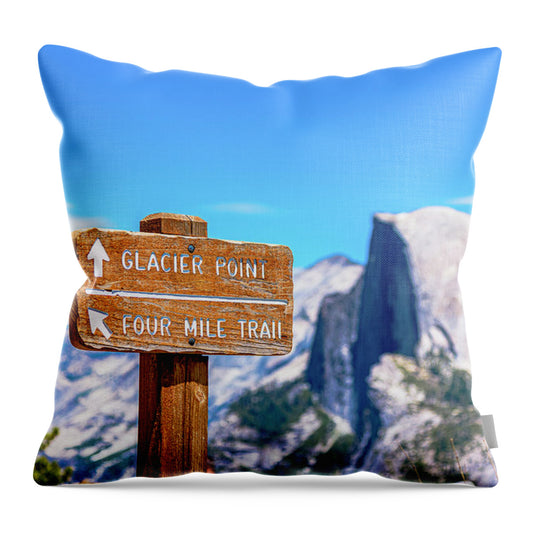 Glacier Point Sign and Half Dome in the Distance - Throw Pillow