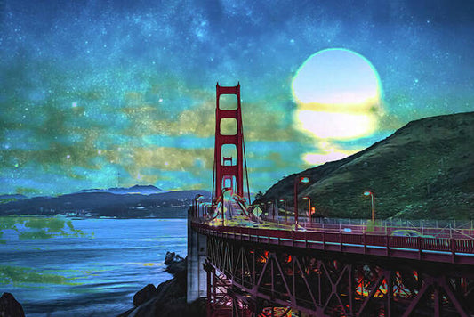 Golden Gate Bridge and Artistic Moon Landscape - Art Print