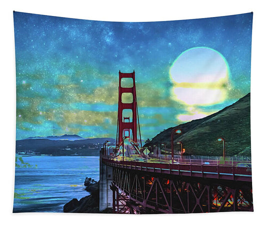 Golden Gate Bridge and Artistic Moon Landscape - Tapestry