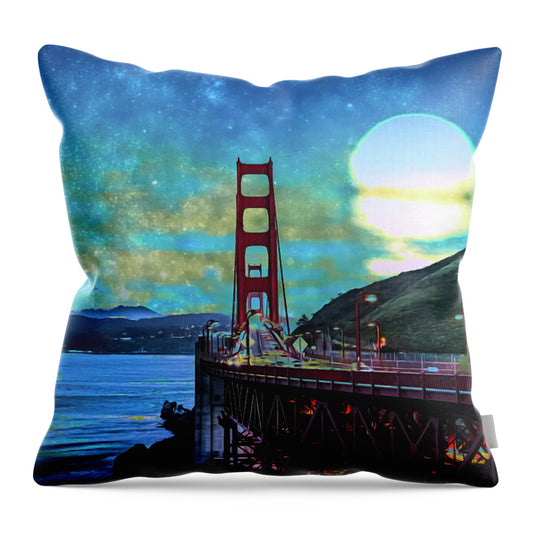 Golden Gate Bridge and Artistic Moon Landscape - Throw Pillow