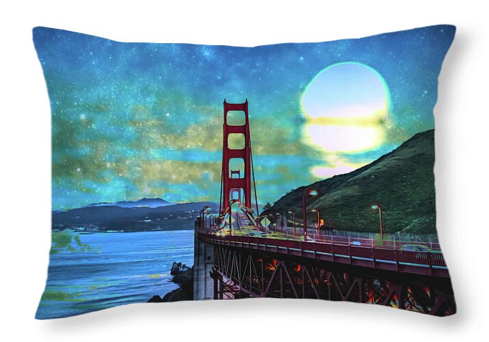 Golden Gate Bridge and Artistic Moon Landscape - Throw Pillow
