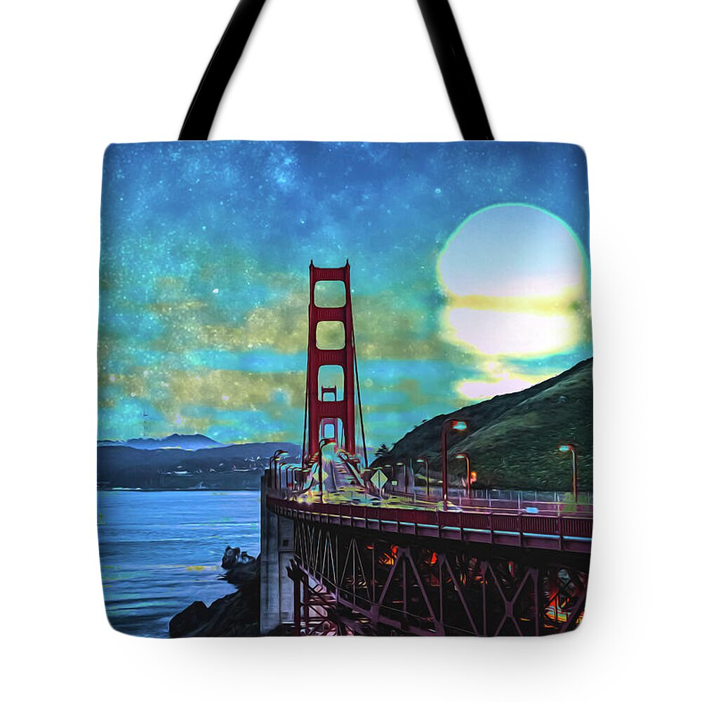 Golden Gate Bridge and Artistic Moon Landscape - Tote Bag