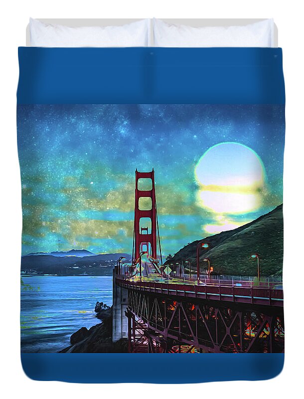 Golden Gate Bridge and Artistic Moon Landscape - Duvet Cover