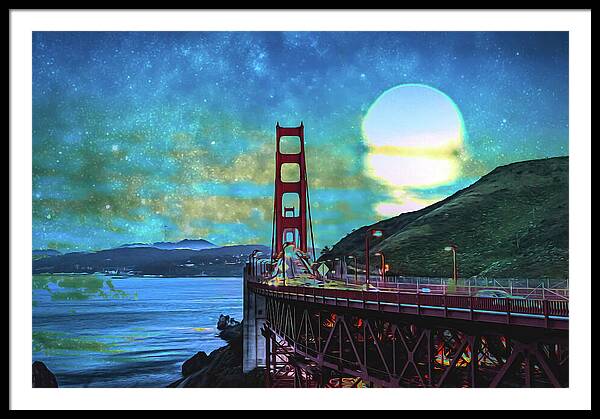 Golden Gate Bridge and Artistic Moon Landscape - Framed Print