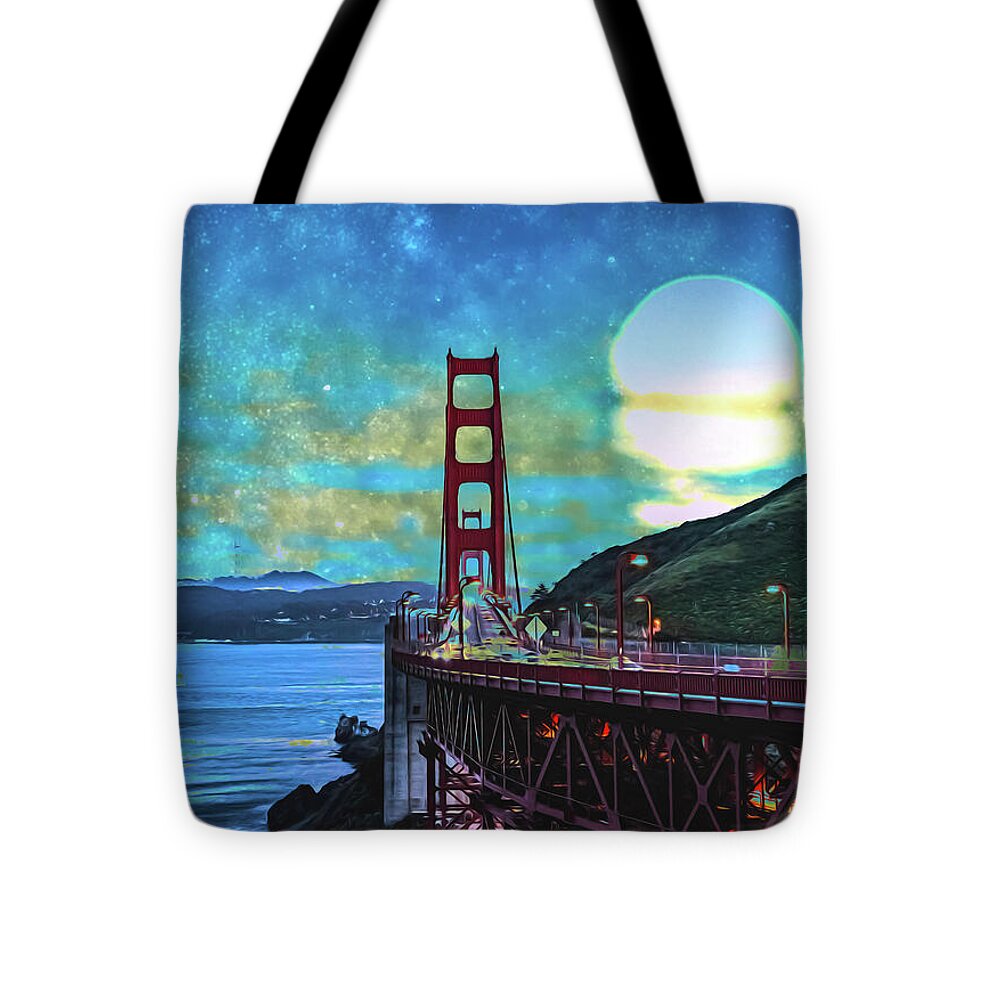 Golden Gate Bridge and Artistic Moon Landscape - Tote Bag